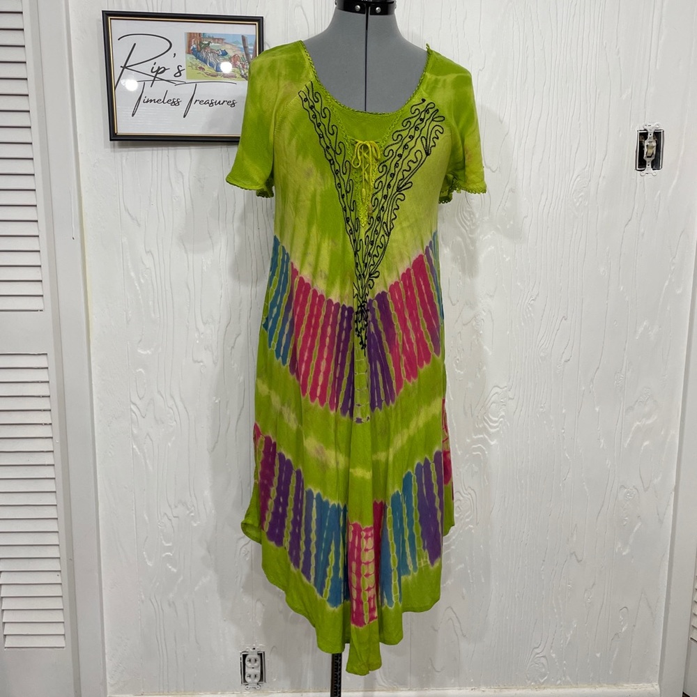 Asha Women Tunic Top Cover Up One Size Polyester Midi Lime Green Asymmetric Hem